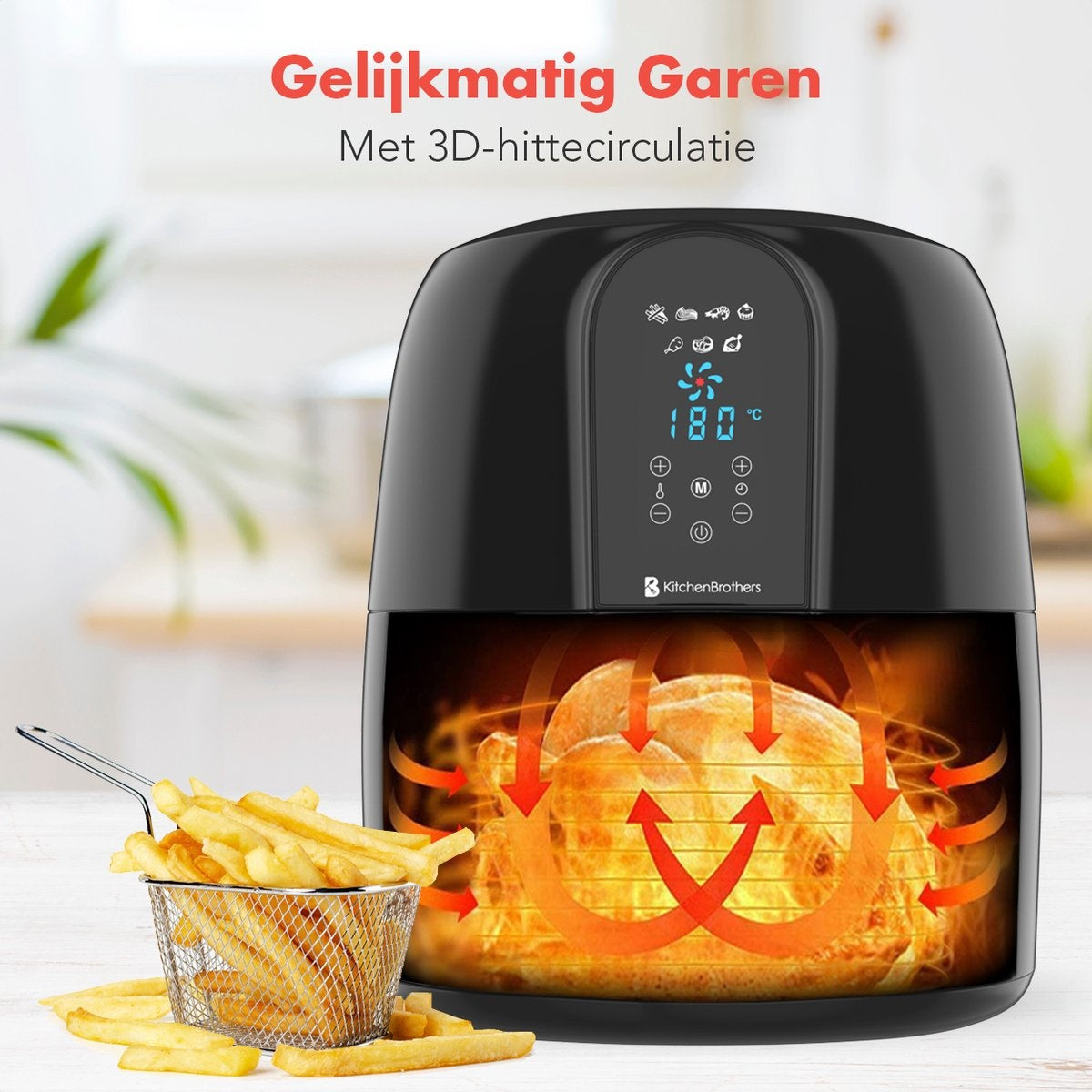 KitchenBrothers Airfryer XXL – 7,2L Inhoud & 7 Voorinstellingen – 1890W – 39 x 33,5 x 36,7 cm – Zwart