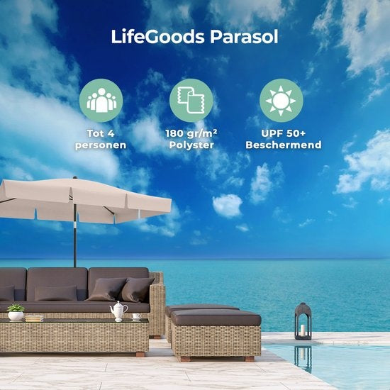 LifeGoods Parasol - Balkonparasol - 200x125cm - 30° Kantelbaar - Waterdicht - met Hoes - Taupe