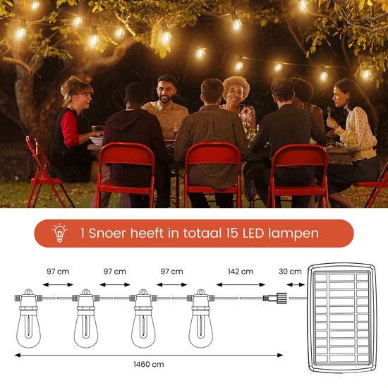 Partizzle 15m Waterdicht Lichtsnoer op Zonne Energie - Dimbaar - LED Solar Tuinverlichting - Camping Lampjes Slinger - Zonneenergie Lichtslinger voor Buiten - 2700K / Warm Wit