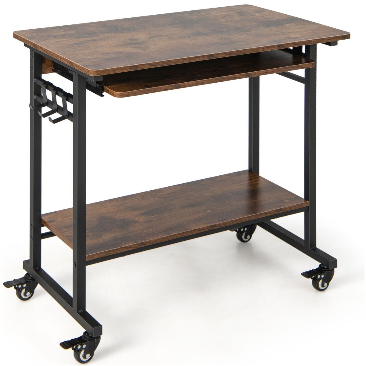 Coast Mobiel Computerbureau - uitschuifbaar toetsenbordblad - opbergplank en haken - rustiek bruin 80 x 50 x 78 cm