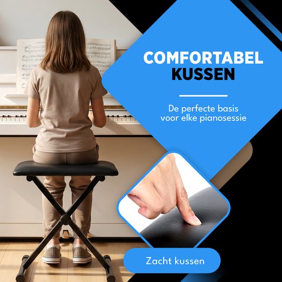 Finesse Pianokruk - Inklapbaar - in Hoogte Verstelbaar - met Kussen - Pianobank - Pianostoel - Zwart