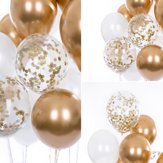 Partizzle 50x Ballonnen Wit en Goud - Helium Geschikt - Papieren Confetti - Nieuwjaar / Oud en Nieuw - Bruiloft, Huwelijk Kerst Ballonnenboog Decoratie - Latex