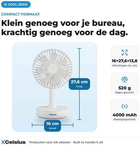 XCelsius® Tafelventilator Draadloos - Ventilator voor Bureau, Tafel en Werkplek - Oplaadbaar met USB-C - 4 Snelheden - Oscillerende Modus - Kantelbaar - Tijdens opladen gebruiken - Wit