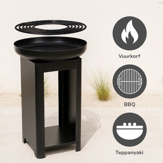 alpina 3-in-1 Vuurkorf en Grillplaat - Tuinhaard 61 x 90 cm - met Teppanyaki Bakplaat - Plancha BBQ met Brandhout Opslagplaats - Vuurkorf voor Buiten - Metaal