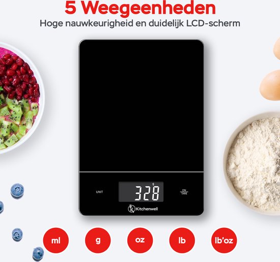 Kitchenwell Digitale Precisie Keukenweegschaal – Weegschaal Keuken - 1gr - 15kg – Tarra Functie - USB Oplaadbaar - Zwart