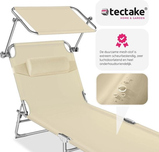 tectake® - ligstoel, robuust, verstelbaar, stalen onderstel met zonnescherm, 4-standen rugleuning inclusief hoofdkussen, strandstoel Ideaal voor tuin, zwembad, camping– beige - 68 x 190 x 28 cm