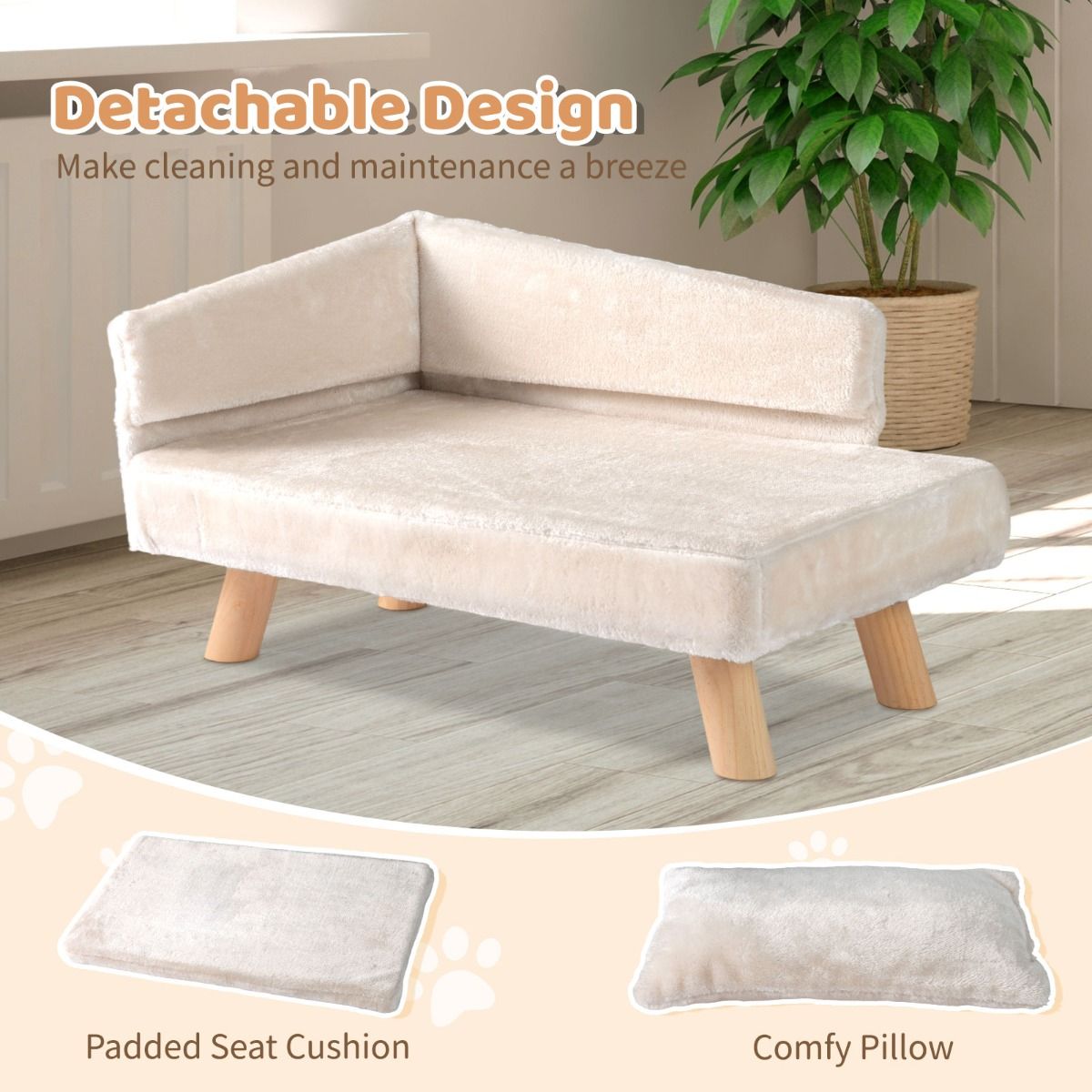 Coast Verhoogd Huisdierenbed - halfronde rugleuning - afneembaar kussen - beige - 71 x 43 x 40 cm