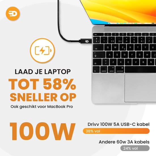 Drivv. USB C Kabel naar USB C 3.2 - 100w Snellader - 3 Meter - 4K 60Hz - 20GBs - Geschikt voor Samsung, Macbook, iPhone 15 & Meer - Nylon Kabel - Zwart