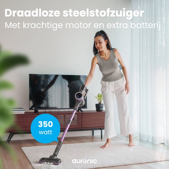Auronic Steelstofzuiger Draadloos 350W - Draadloze Stofzuiger - HEPA Filter - Zelfstaand - Extra Accu - Op Accu - Zonder Zak - Kruimeldief - Vacuum Cleaner - Grijs/Paars