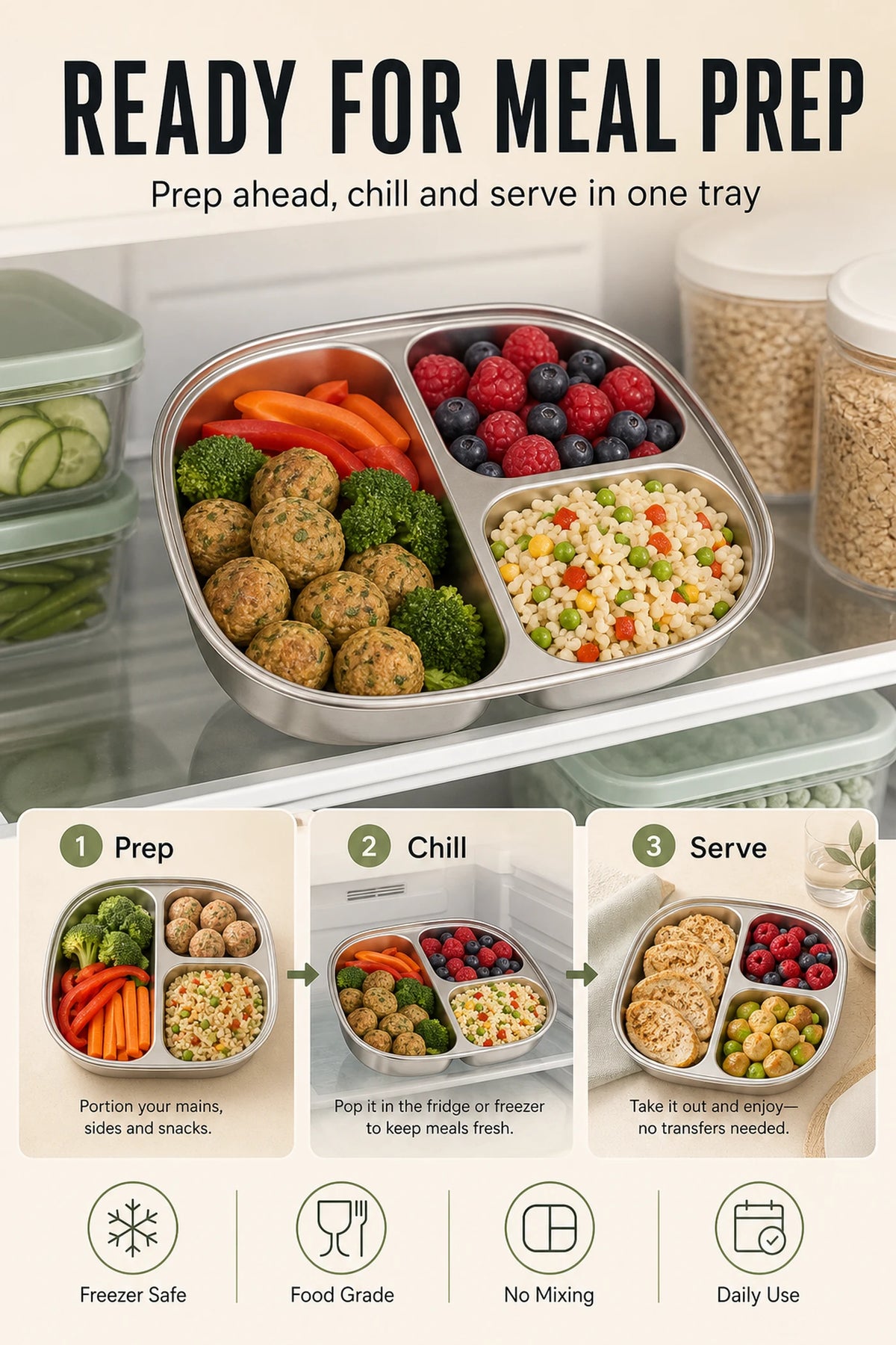 PURE COOK RVS Bord met 3 Vakken - 19,5 x 19,5 x 3,9 cm - Vierkant - 304 RVS