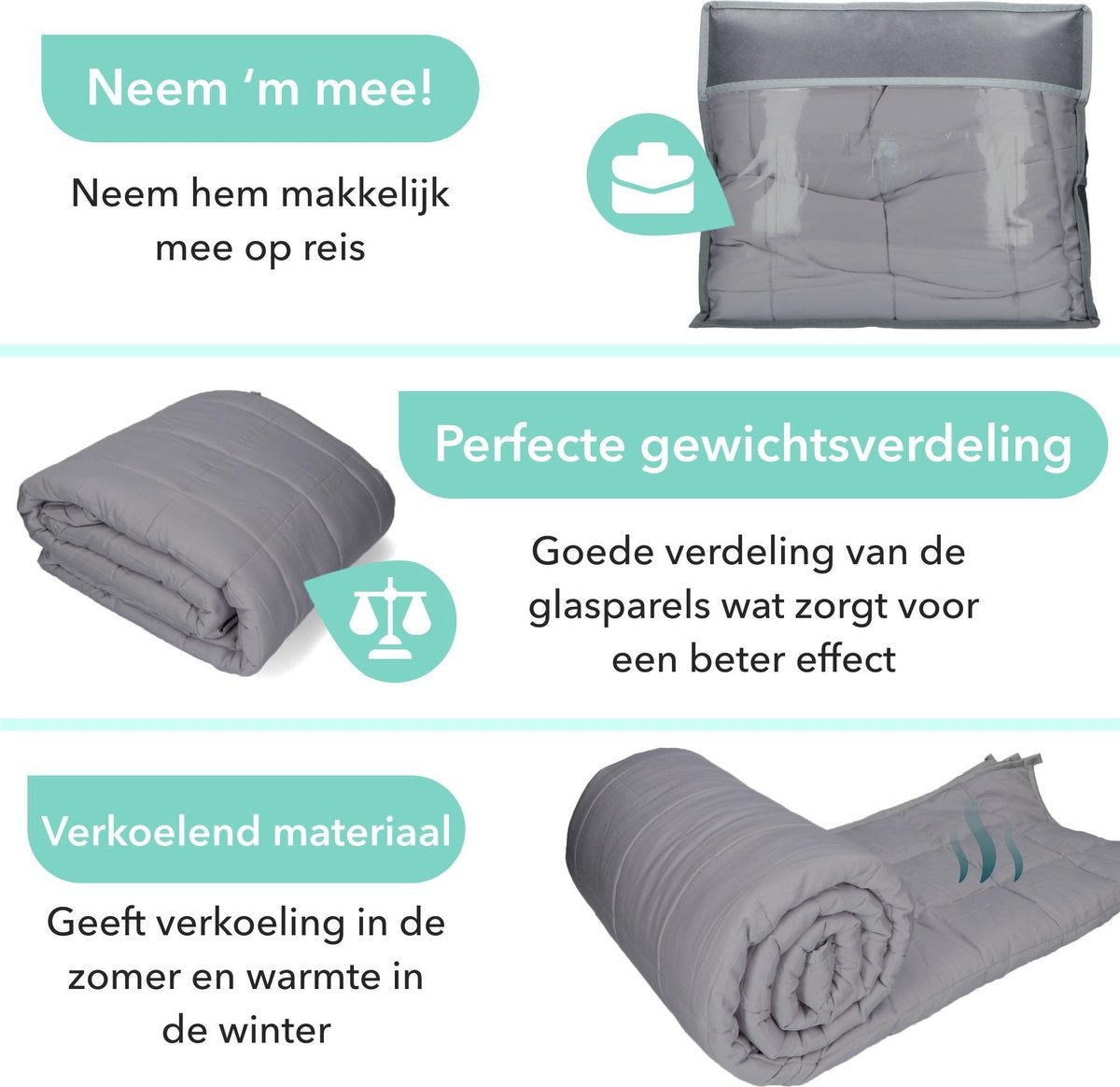 Litollo Verzwaringsdeken 7 kg - Weighted blanket 150x200 cm - Grijs Zwaartedeken eenpersoons - Verzwaringsdekens te gebruiken met eigen dekbedovertrek - Verzwaarde deken - 4 seizoenen - Gewichtsdeken