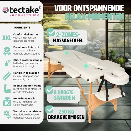 2 zones mobiele massagetafel beige - 5cm + draagtas - 401462