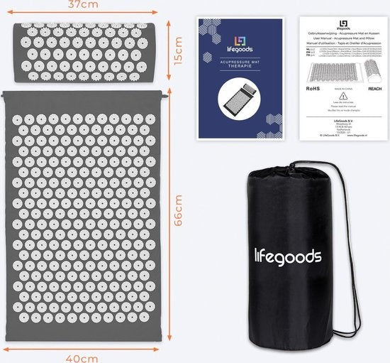 LifeGoods Acupressuur Mat met Kussen - Shakti mat - Spijkermat Incl. 2x Triggerpoint Bal - 66x40x2cm - Grijs/Wit