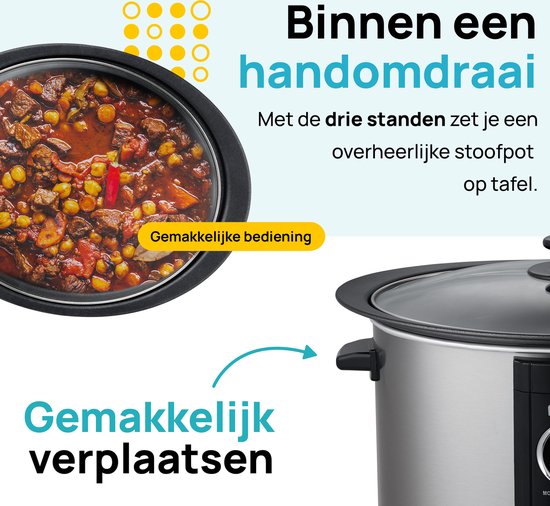 MOA Slowcooker met Timer - 6,5L - Ø 24,5cm - Aluminium Binnenpan - Doorzichtige Deksel - 3 Warmtestanden - Vaatwasserbestendig - BPA-vrij - RVS