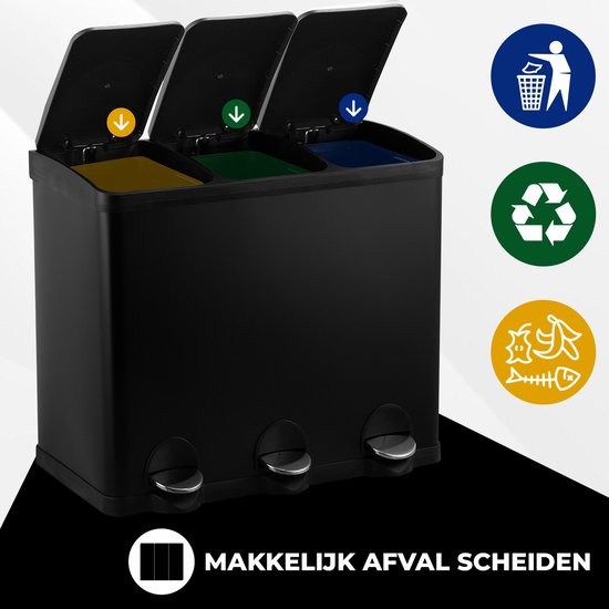 Bayt Prullenbak - Prullenbak 60 Liter - Vuilnisbak 60 liter - Pedaalemmer 60 Liter - Prullenbak 3 vakken - Prullenbak Afvalscheiding - 3x 20 liter - RVS - Zwart
