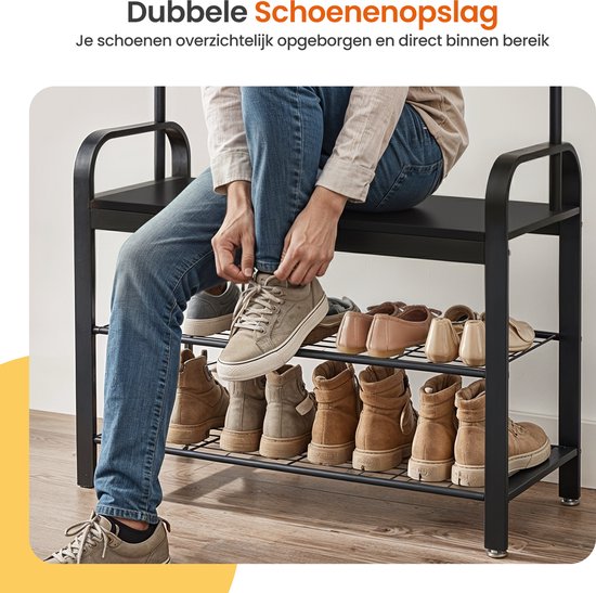 Goliving Kapstok – Garderoberek – Halmeubel – Schoenenrek – Schoenenkast – Industriële kast – Metaal/Hout – 72 x 34 x 183 cm – Zwart
