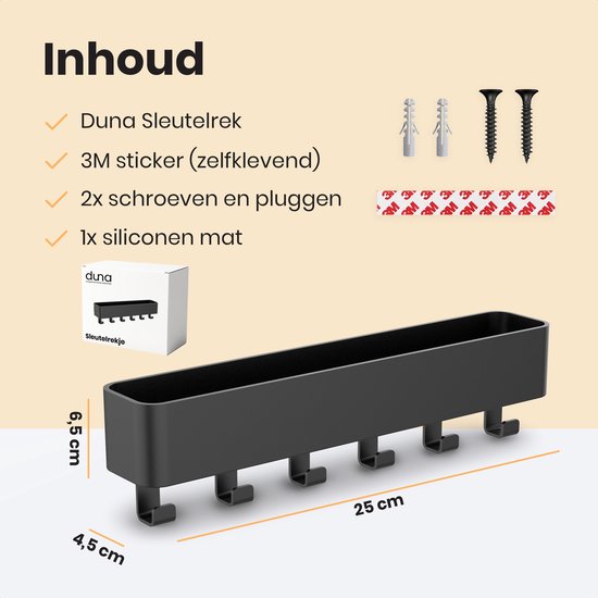 Duna Sleutelrekje - Sleutelhouder - Zelfklevend - Sleutelbakje Modern incl. Siliconen Mat - RVS - Zwart