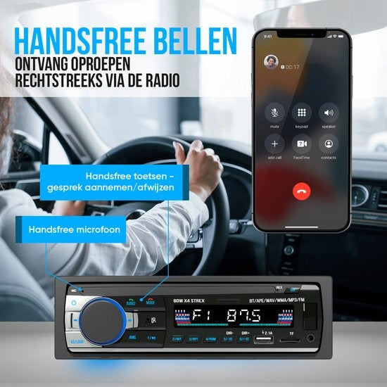 Strex autoradio met Bluetooth voor alle voertuigen USB, AUX en handsfreeset zwart