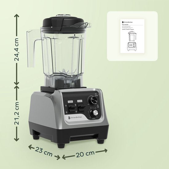 KitchenBrothers Power Blender - 1600W - 2L - Smoothie Maker - IJscrusher - Metallic Grijs