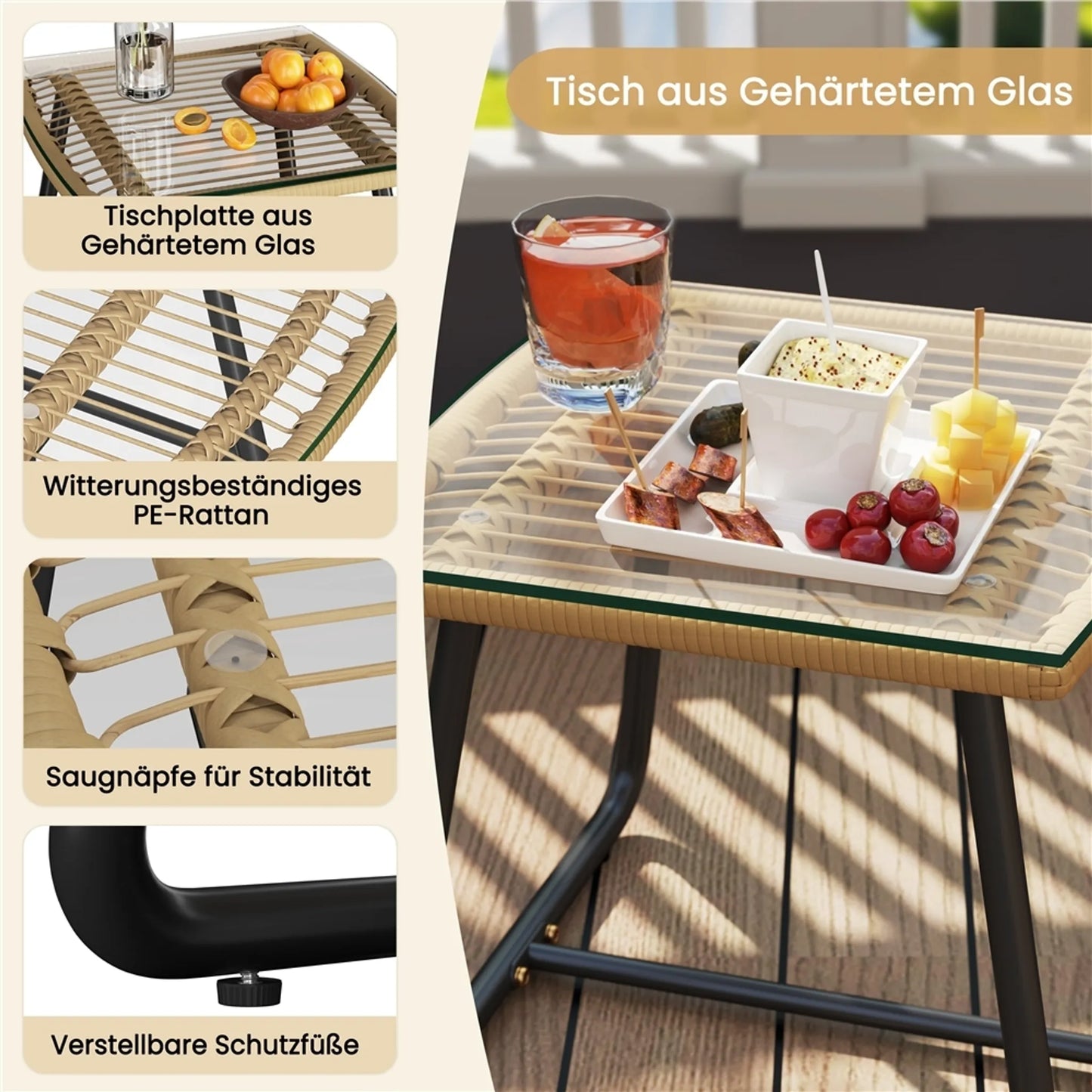 Yaheetech Bistroset Tuinset 3-Delig – 61 x 65 x 76 cm – Voorzien Van Handgeweven PE-Rattan En Glazen Tafelblad En Inclusief Zit- En Sierkussens – Voor Balkon En Terras – Lichtbruin En Metaal