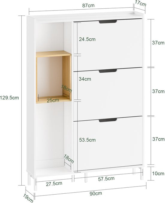 SoBuy FSR209-WN Schoenenkast, wit, compact, opslag voor 9 paar schoenen, ideaal voor kleine ruimtes en woningen, MDF + bamboe, 90 x 19 x 129,5 cm FSR209-WN