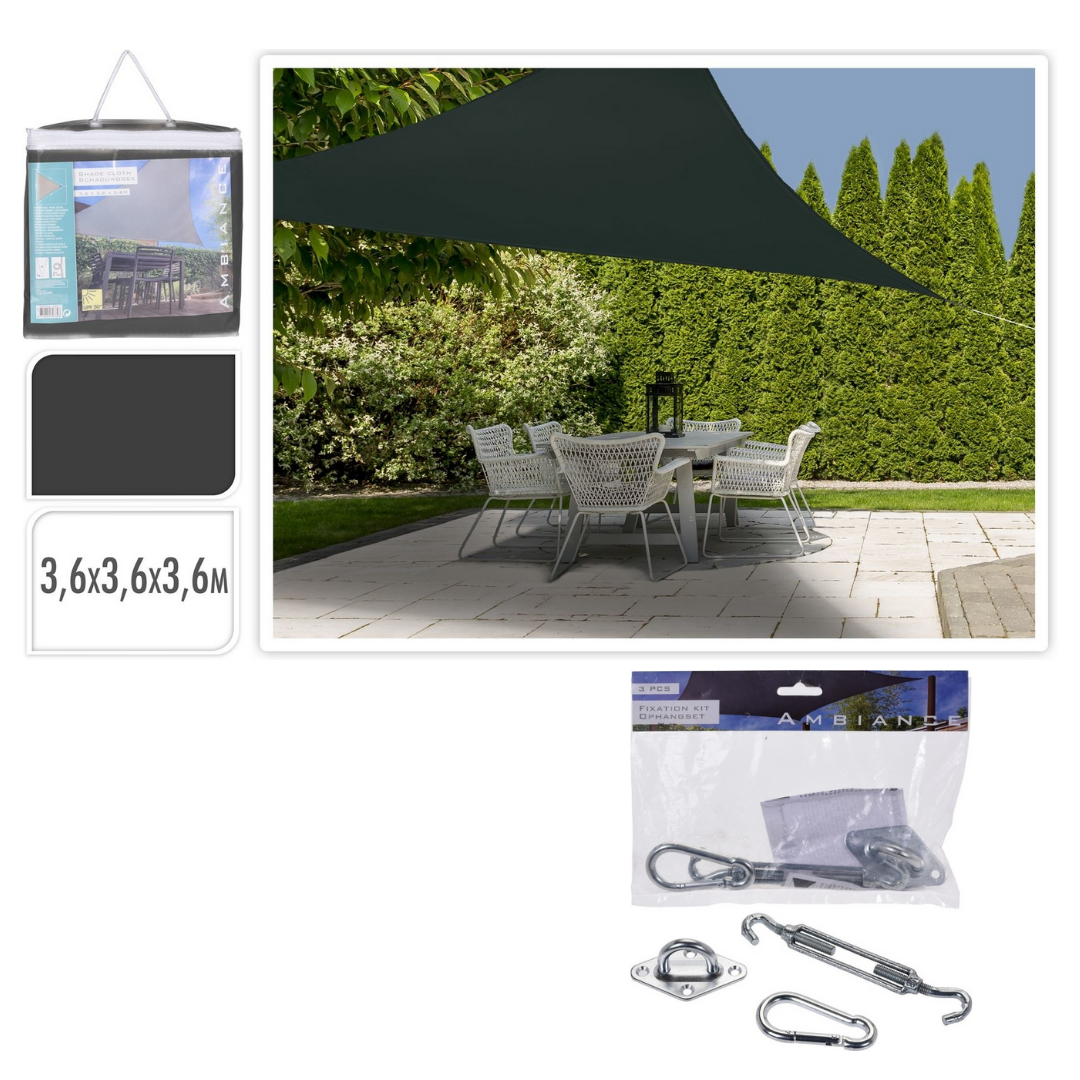 Pro Garden Schaduwdoek Driehoek Donkergrijs - 3.6x3.6x3.6m INCLUSIEF Ambiance bevestigingsset