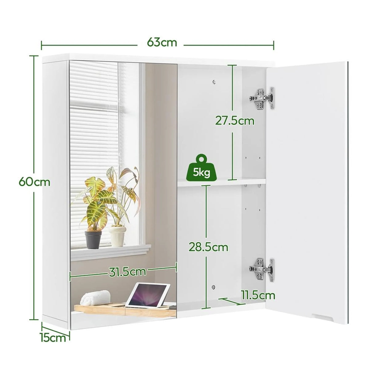 Yaheetech Stijlvolle Spiegelkast voor de Badkamer 63x15x60 cm – Fris Wit – MDF en Glas