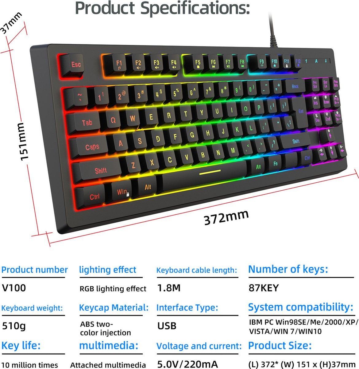 Fuegobird V100 Bedraad Gaming Toetsenborden - Membraan Toetsenbord - RGB Verlichting - TKL - 87 keys - Zwart