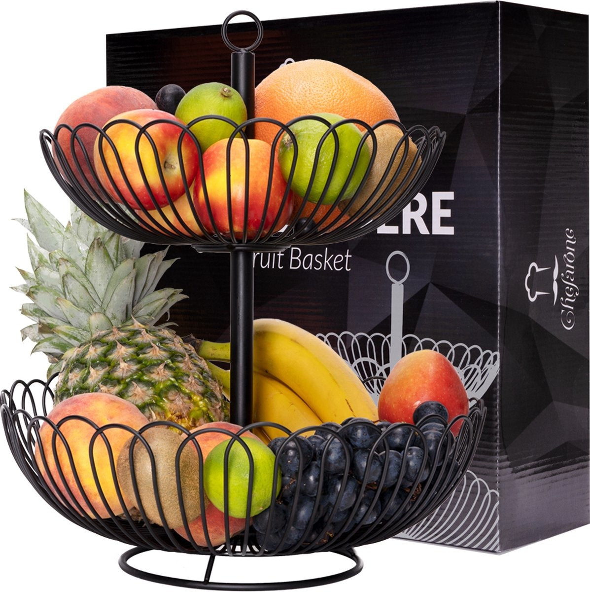 Chefarone Fruit Etagère - Fruitmand – Fruitschaal – Groentemand – Opberger – 2 Laags – Metaal - Zwart