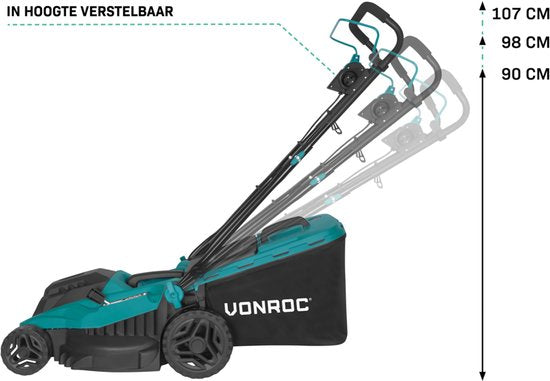VONROC Grasmaaier - 1600W – 38 cm maaibreedte - Vijf instelbare maaihoogtes: 25/40/50/60/70 mm - Incl. 42L Opvangbak