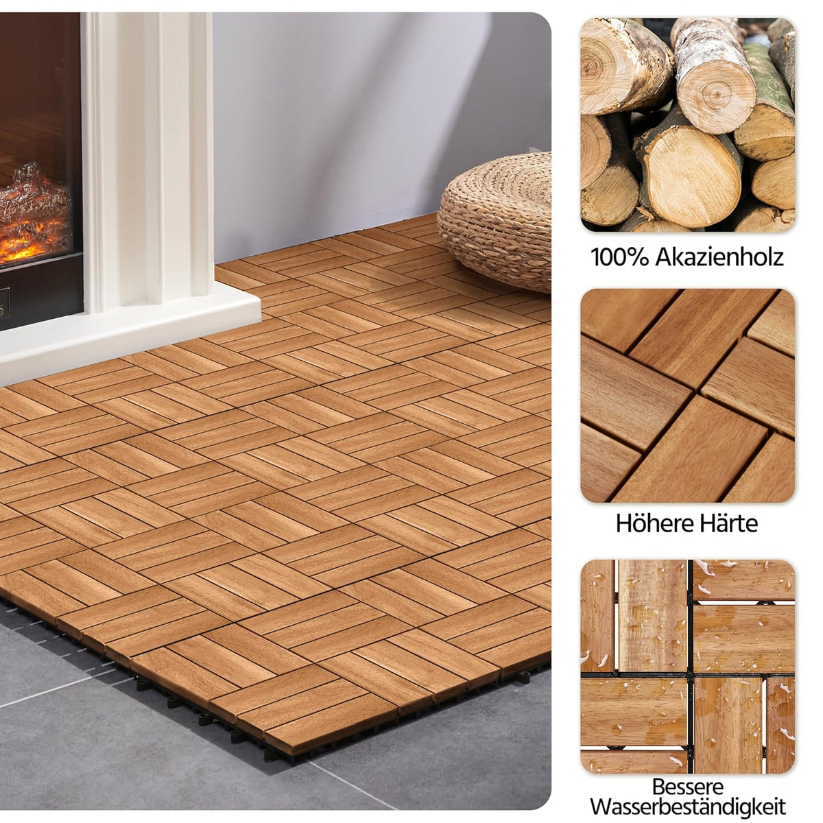 Yaheetech Acacia Houten Vlondertegels Lichtbruin - 27 Stuks - 30 x 30 cm - Waterbestendige Kliktegels voor Balkon, Terras & Tuin