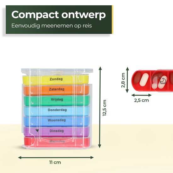 Gandria Pillendoos 7 Dagen - Uitneembaar Pillendoosje - Stapelbare Medicijndoos met 28 Compartimenten - Medicijndoos met Stevige Sluiting - 4 Vakken per Dag - 7 Kleuren