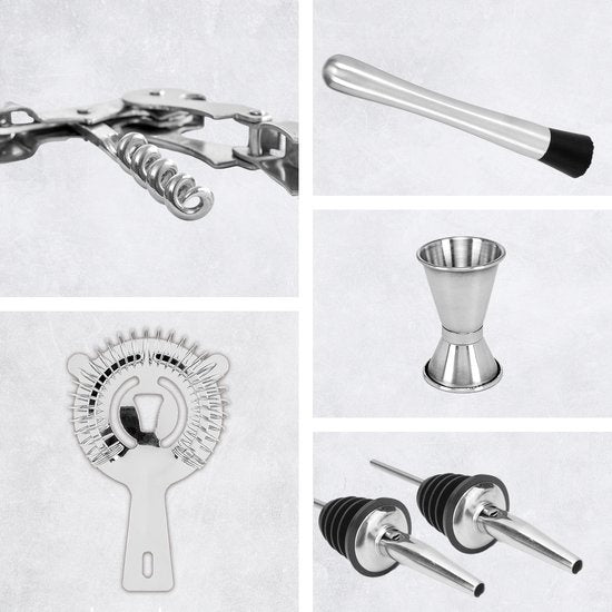 KitchenBrothers Cocktail Set met Cocktailshaker - 25 Delig - Luxe Set - Cadeauverpakking - Lichtbruin/Bamboe