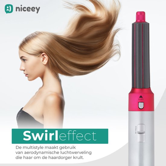 Niceey Fohnborstel - Krultang 5-in-1 Set - Airstyler - Multistyler - Stijlborstel - Krultang met Opzetstukken - Haardroger met Borstel - Met Handschoen - Krulborstel - Haarborstel - 2025 Model - Grijs/Paars