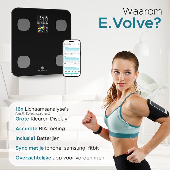 e.volve Weegschaal Personenweegschaal Digitaal - 16 Metingen - Slimme Weegschaal met Lichaamsanalyse - Precisie Weegschaal - Weegschalen - Digitale Weegschaal - Incl. App