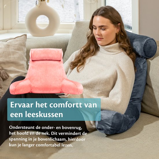 Ella Leeskussen XL - Memory Foam Relax Kussen voor in Bed - Zitkussen met Nekrol & Onderrug Ondersteuning - Bookseat - Fluweel Koraal Roze
