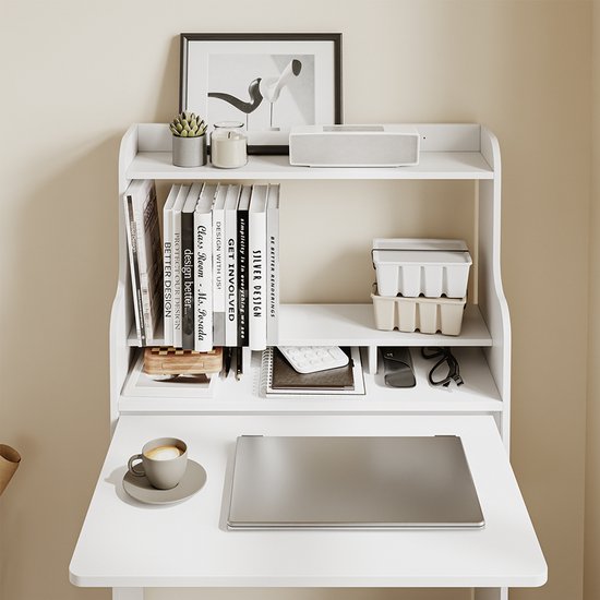 SoBuy Wandklaptafel FWT105-II-W - Multifunctionele Ruimtebesparende Klaptafel met Wielen - Inklapbaar Bureau met Lade en Planken - Wit