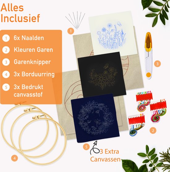 Happy Goods Borduurpakket Bloemen en Vogels - Borduurpakketten Volwassenen - Borduurset van 3 - Hobby en Creatief - Borduren