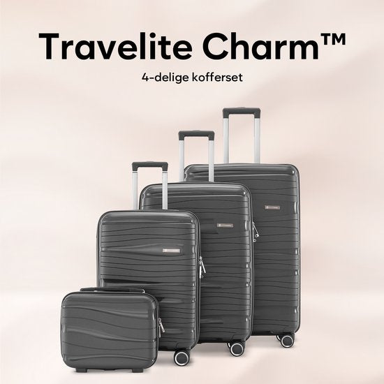 SC Travelin' Charm 4-delige Trolleyset – Handbagage & Check-in Koffers – 32L/60L/98L – Cijferslot – 360° Geruisloze Wielen – Lichtgewicht & Stevig – Modern Design - Antraciet V2