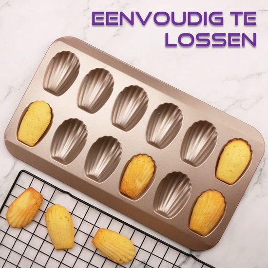 Homewell - Madeleine Bakvorm met 12 Schelpvormpjes - Antiaanbaklaag | Incl. Kwast & E-book