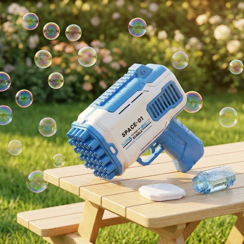 Draagbare - handzame automatische zeepbellenspuit - blauw-wit - elektrische zeepbellenspuit