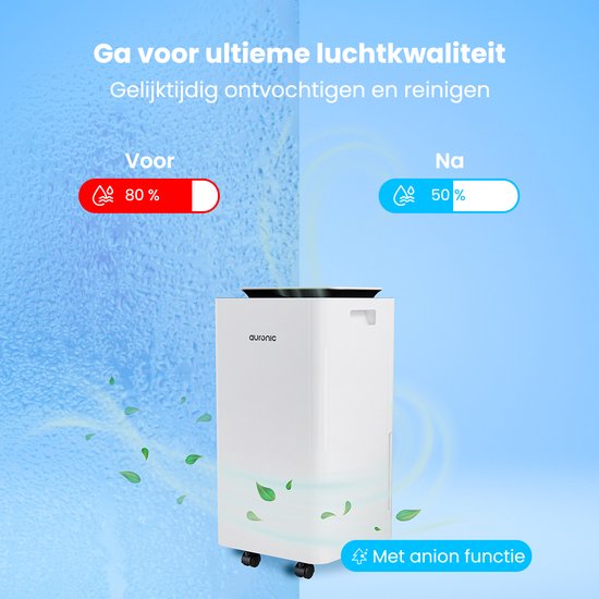 Auronic Luchtontvochtiger en Luchtreiniger - Pro Series - 10L per dag - Was-droog functie - Slaapkamer, Badkamer en Woonkamer - Wit