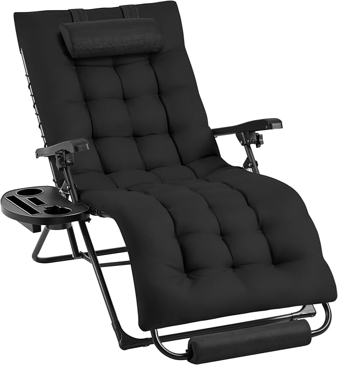 Yaheetech Zero Gravity Ligstoel Opvouwbaar - Zwart - Relaxstoel met Kussen, Voetensteun en Bekerhouder tot 200 kg