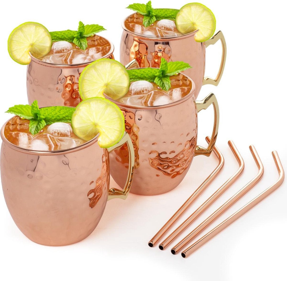 KitchenBrothers Moscow Mule Bekers - Cocktailglazen met Rietjes - 4 Stuks - Verkoperd - 500ML