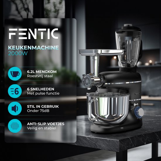 Fentic Keukenmachine – 2000W – Keukenrobot – Foodprocessor - 6,2L Mengkom – Incl. Vleesmolen, Blender en extra Accessoires – Zwart