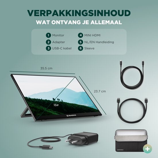 Remodius® Portable Monitor 16 Inch + Sleeve – Ultradunne 2.5K Draagbare Monitor – Reisdisplaybundel met Beschermhoes – USB-C & Mini HDMI – IPS Scherm, HDR, Ingebouwde Kickstand