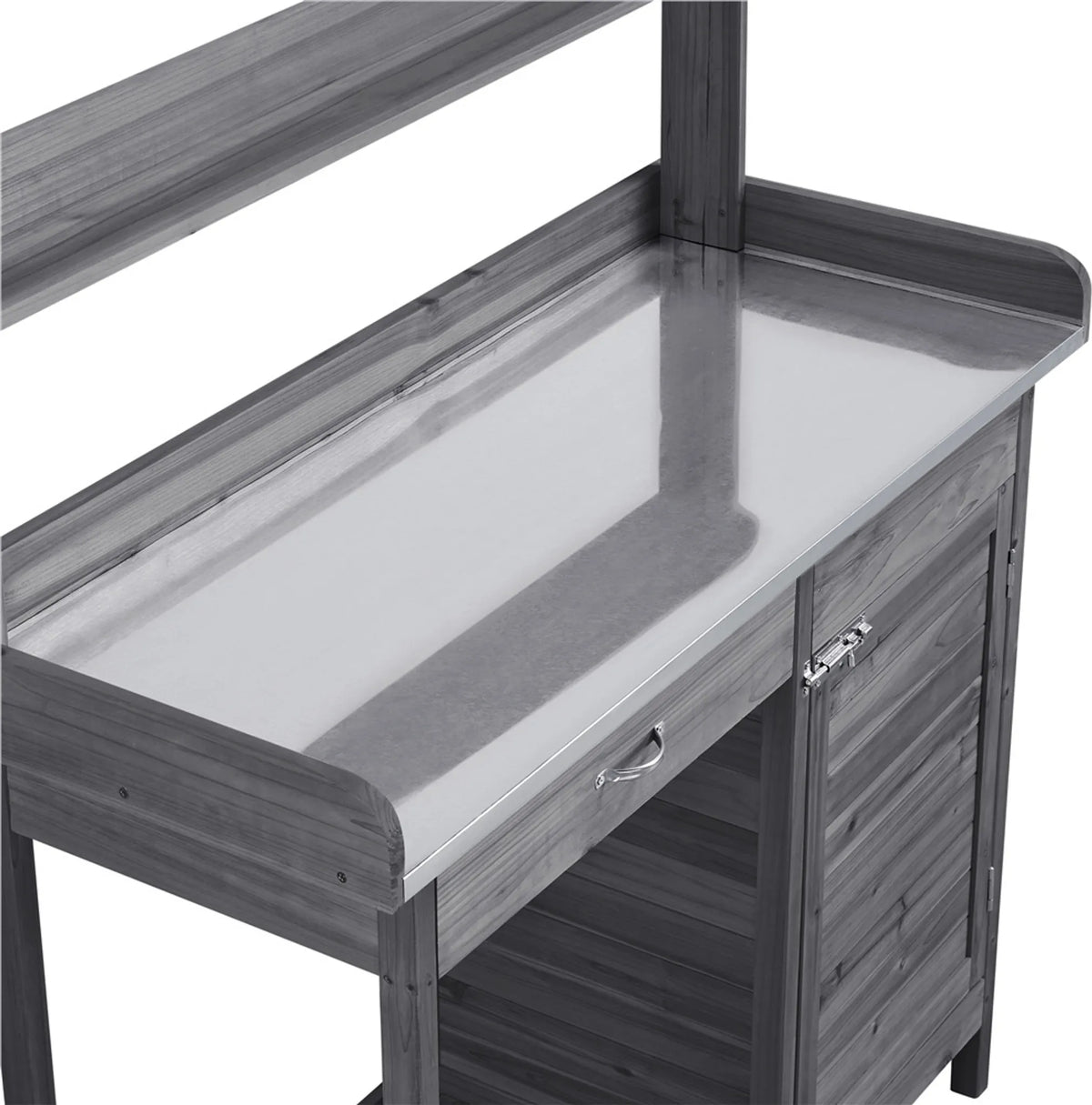 Yaheetech Oppottafel Tuintafel – 101 x 46,5 x 125 cm – Gegalvaniseerd Metalen Werkblad - 3 Zijhaken - Verwijderbare Zijpanelen – Grijs Vurenhout - Metaal