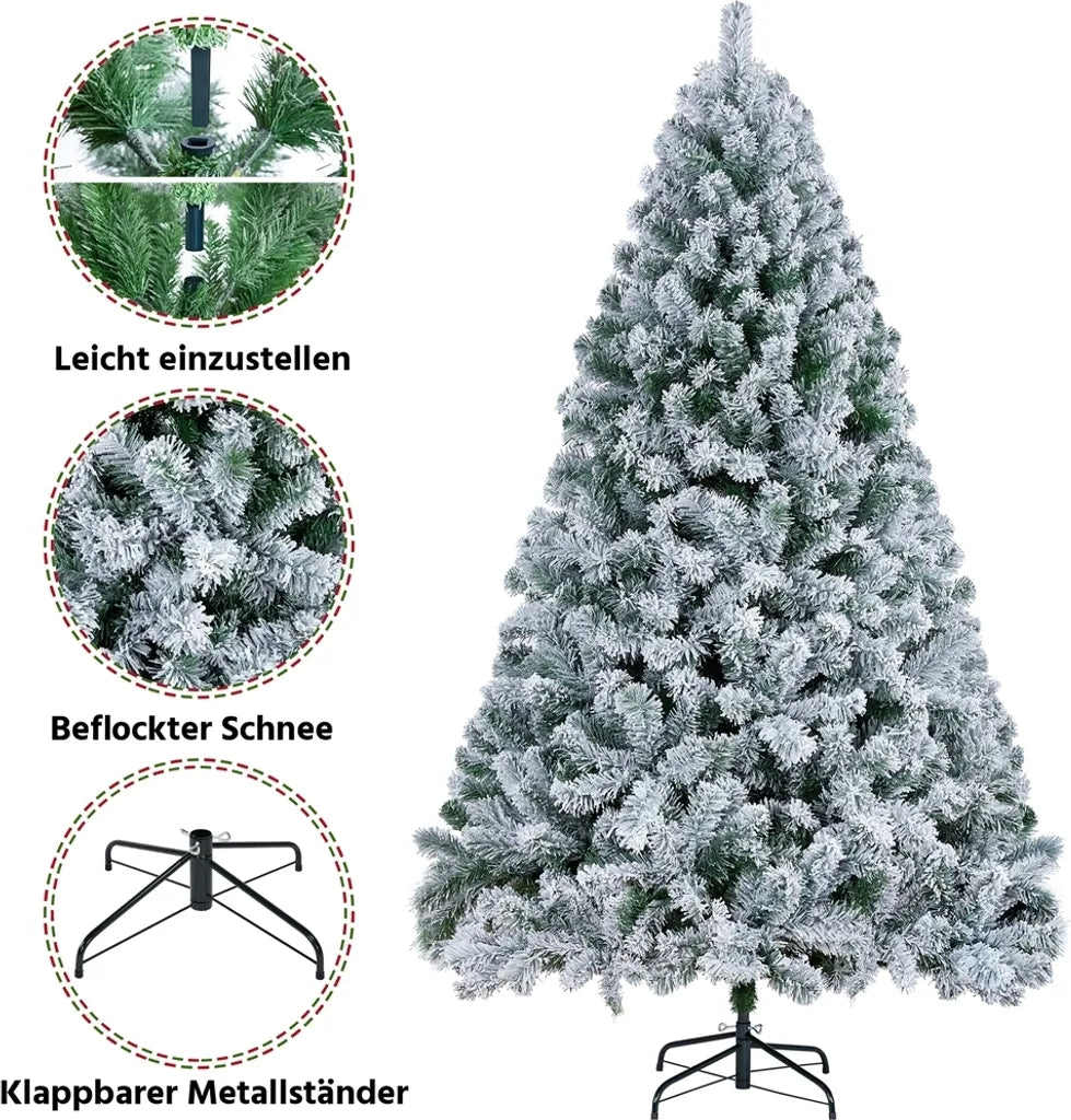 Yaheetech Kunstkerstboom 228 cm – Groen/Wit – Ø140 x 228 cm – Besneeuwde Kerstboom met Metalen Standaard