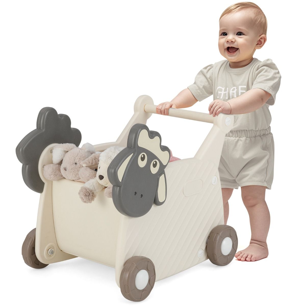 Coast Schaap Loopwagen voor Kinderen - 2-in-1 Opbergwagen en Looprek - 18 Liter - Beige en Grijs