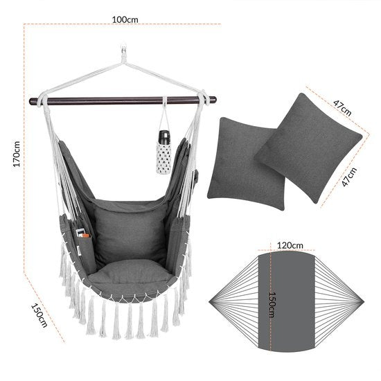 Detex Hangstoel Bohemian – Incl. Fleshouder/2 Kussens XL - Antraciet